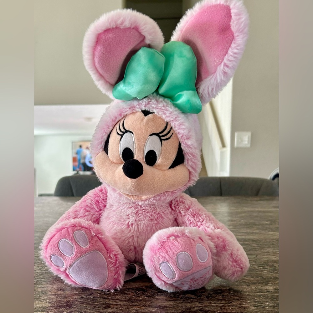Disney Pink Minnie Mouse Plush in Bunny Outfit with Mint Green Bow